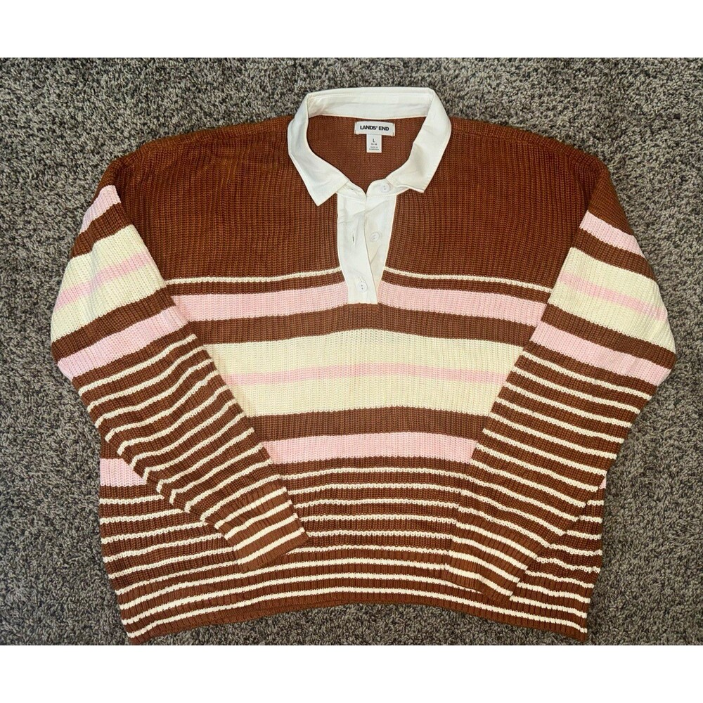Lands' End Women’s Cotton Knit Collared Striped Pullover Sweater Brown L